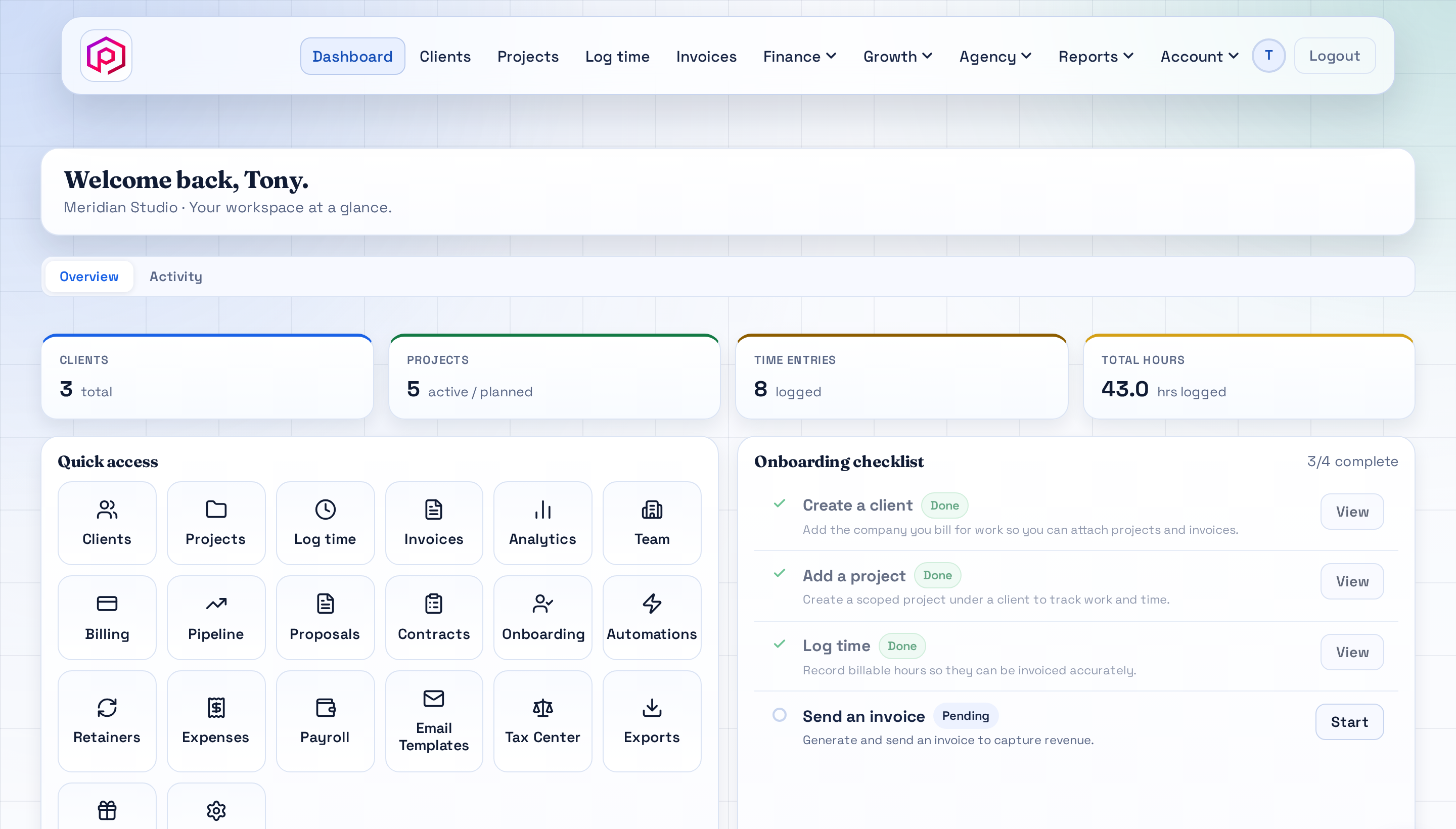 See cash, hours, and overdue work at a glance